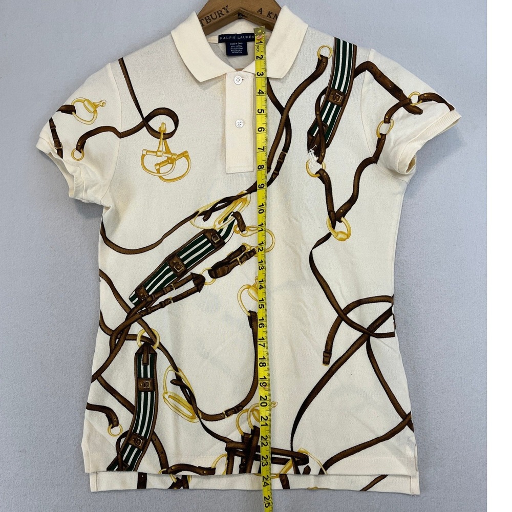 Ralph Lauren Womens Equestrian Horse Bit Print Polo Shirt Cream Brown Size M - Picture 7 of 8
